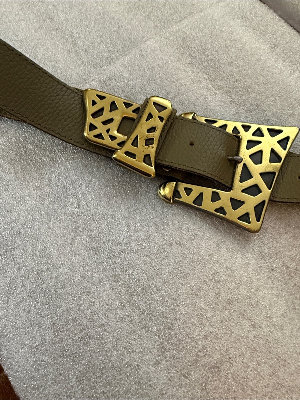 Nan Lewis Vtg 80s Green Women's Leather Belt with Shiny Gold Tone Buckle M/L